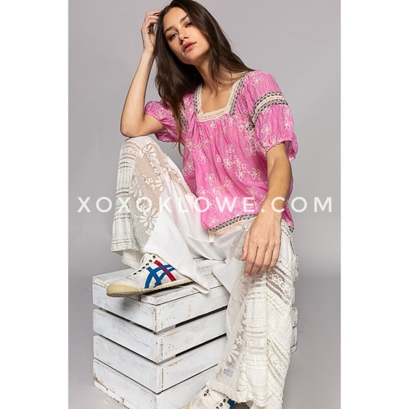 POL Pink Floral Embroidered Square Neck Half Sleeve Chiffon Top - Picture 7 of 15